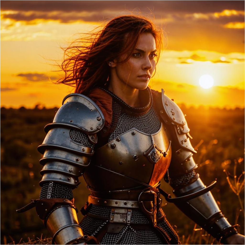 Женщина в тяжёлых доспехах  с мечом в руке,  в поле на фоне заката   Её лицо выражает решимость и смелость