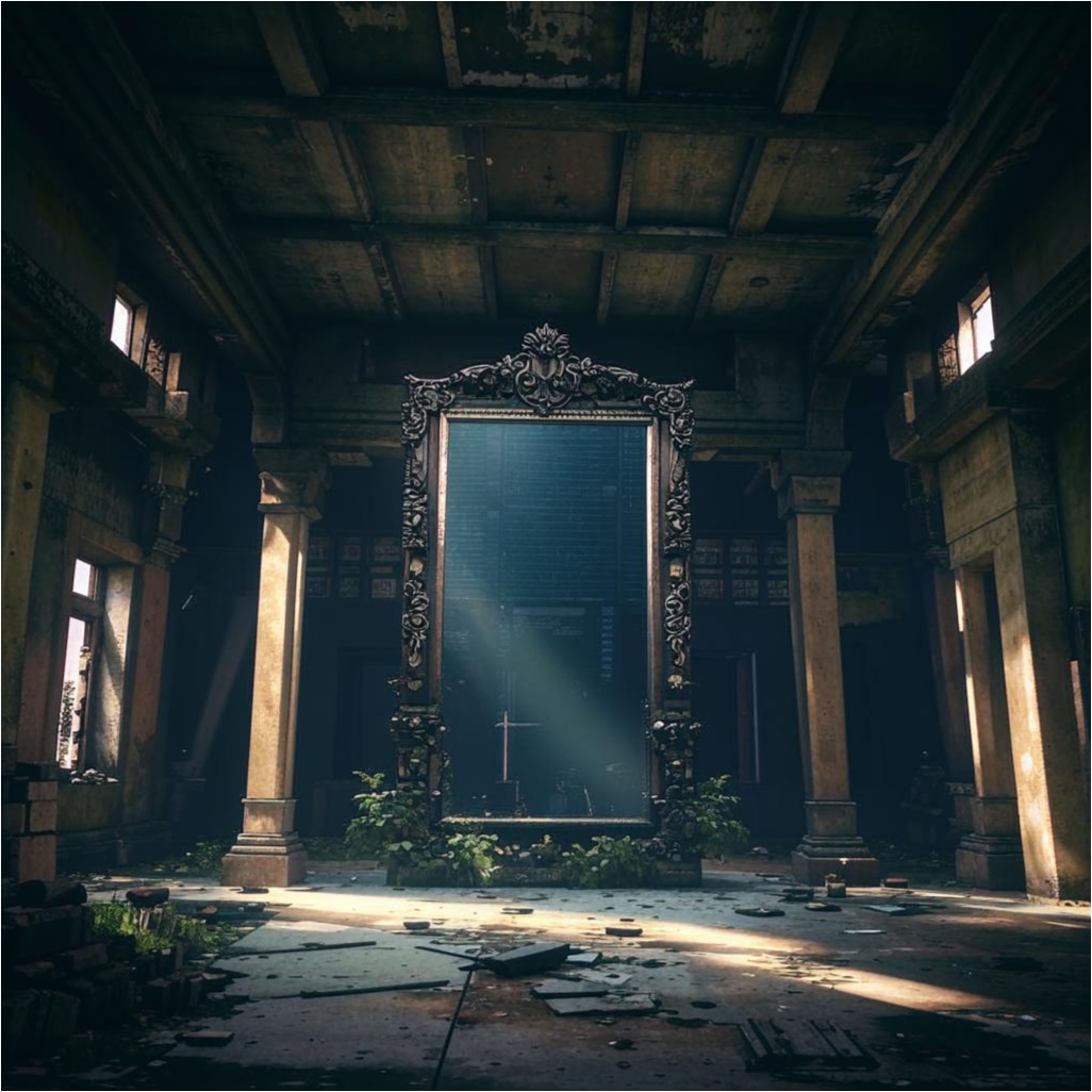 Заброшенный храм. В его центре стояло простое, но загадочное зеркало.