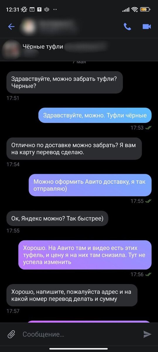 Далее я снова пишу, что готова отправить через Авито