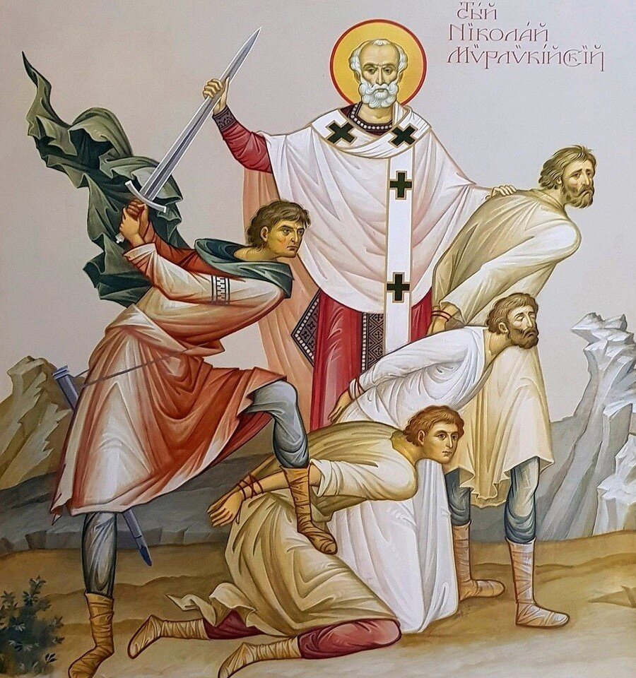 Свт. Николай спасает невинно осужденных на казнь. Икона. Изображение взято в Инете.