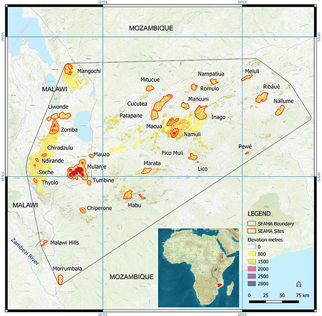 Экорегион ЮВАГА (SEAMA) в Мозамбике и Малави. Инзельберги обведены красным. 