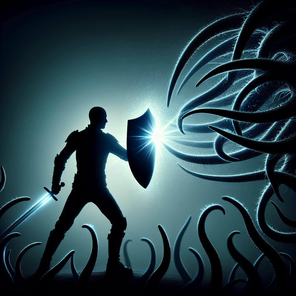 Теневой воин со щитом света, дерзко противостоящий натиску темных щупалец, воплощающий идею самосохранения.
