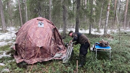 СКВОЗЬ ДОЖДЬ И НЕПОГОДУ ПРИБЫЛ В ТАЙГУ И ОБАЛДЕЛ. НАЧАЛО ОХОТЫ НА УТОК. ЖИЗНЬ ОТШЕЛЬНИКА В КАРЕЛИИ. ВЕСЕННИЕ ДЕЛА В КАРЕЛИИ