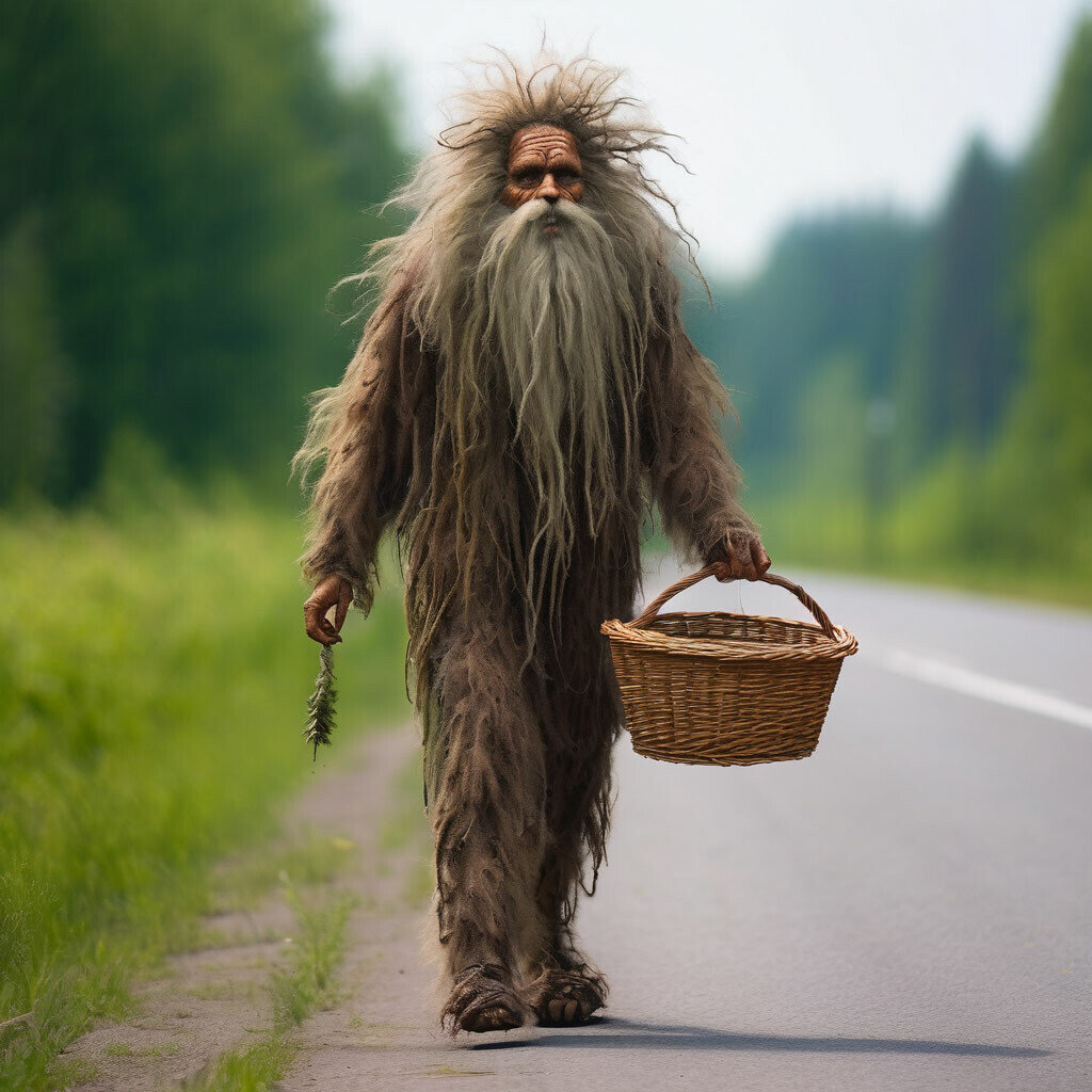 сгенерирвал нейросетью по запросу "леший идёт с корзинкой по обочине автотрассы"