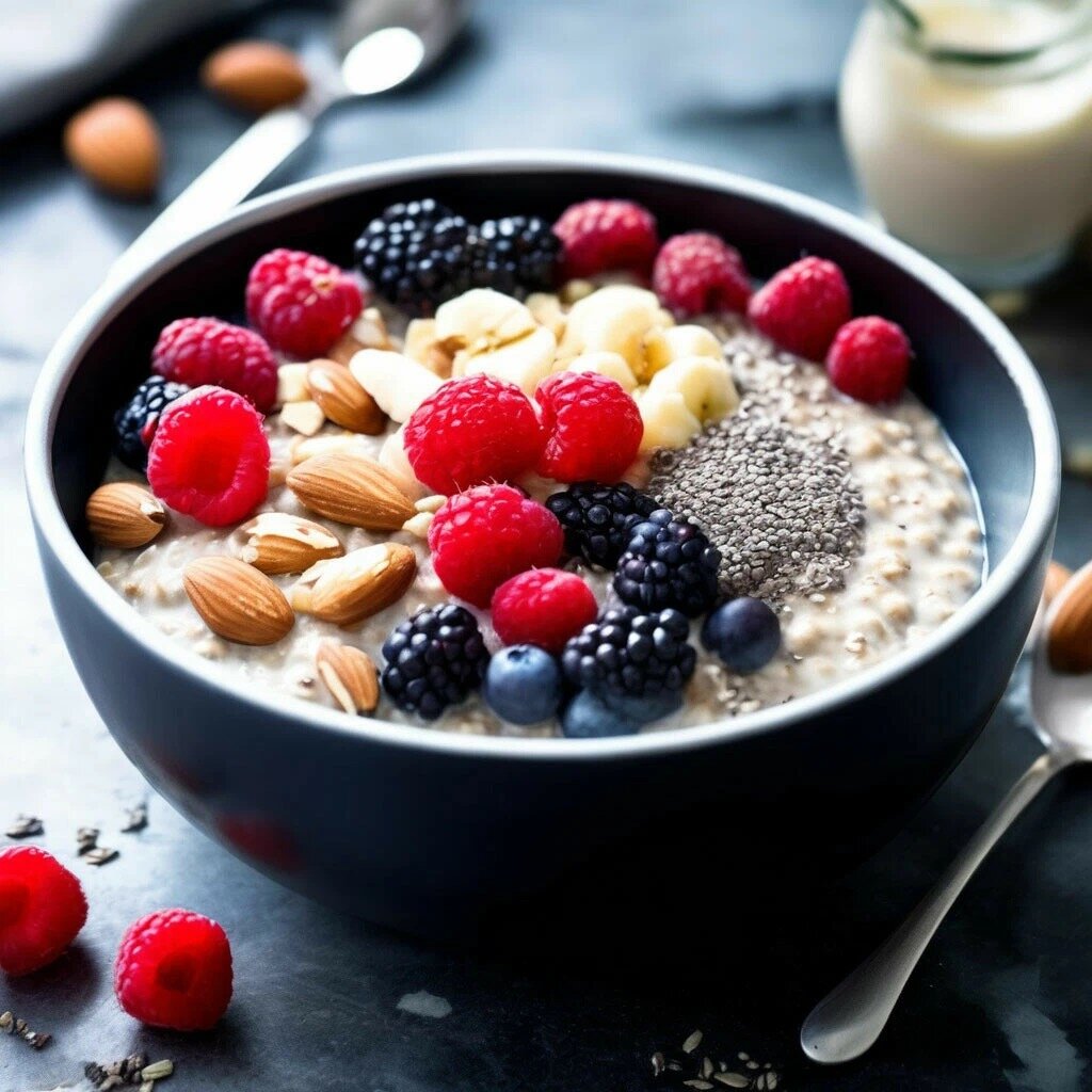 Овсянка с ягодами, орехами и чиа.