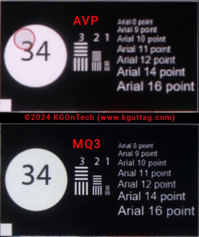 Это одно и то же тестовое изображение одинакового размера на каждой гарнитуре, увеличенное, чтобы показать пределы разрешающей способности. Красный кружок на диаграмме AVP указывает на центр фовеатной области рендеринга (диаграмма увеличена таким образом, что вся видимая здесь область находится внутри фовеатной зоны (самое высокое качество). | Изображение предоставлено Карлом Гуттагом