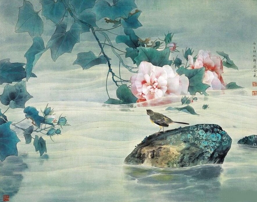 Птица, вода и цветущие деревья