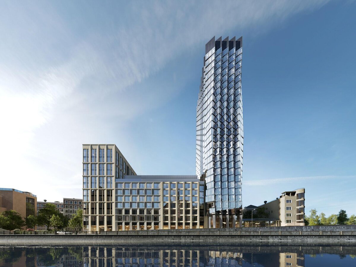 Фронтальный вид на ЖК «Монблан» с набережной канала. Визуализация