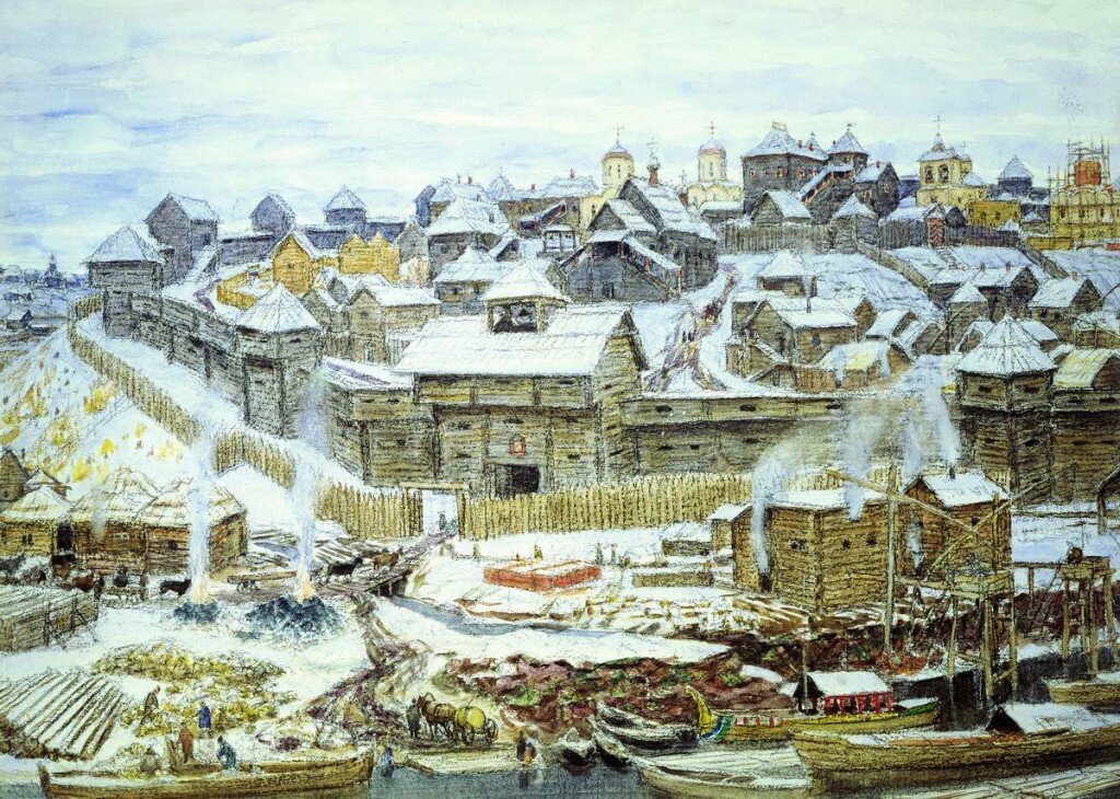 Картина Аполлинария Васнецова. Постройки на Боровицком холме обнесены дубовым частоколом. Так видел художник.