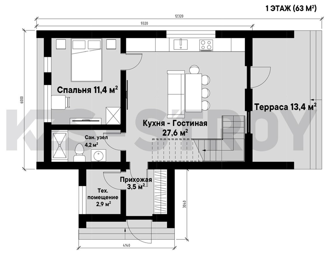 План первого этажа дома «Маркеб»: из общего пространства выделяется зона прихожей с техническим помещением и терраса