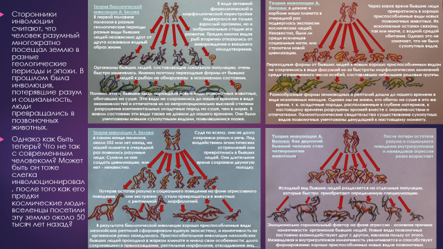 Сторонники инволюции считают, что человек разумный многократно посещал землю в разные геологические периоды и эпохи. В прошлом была инволюция, потерявшие разум и социальность, люди превращались в позвоночных животных. 