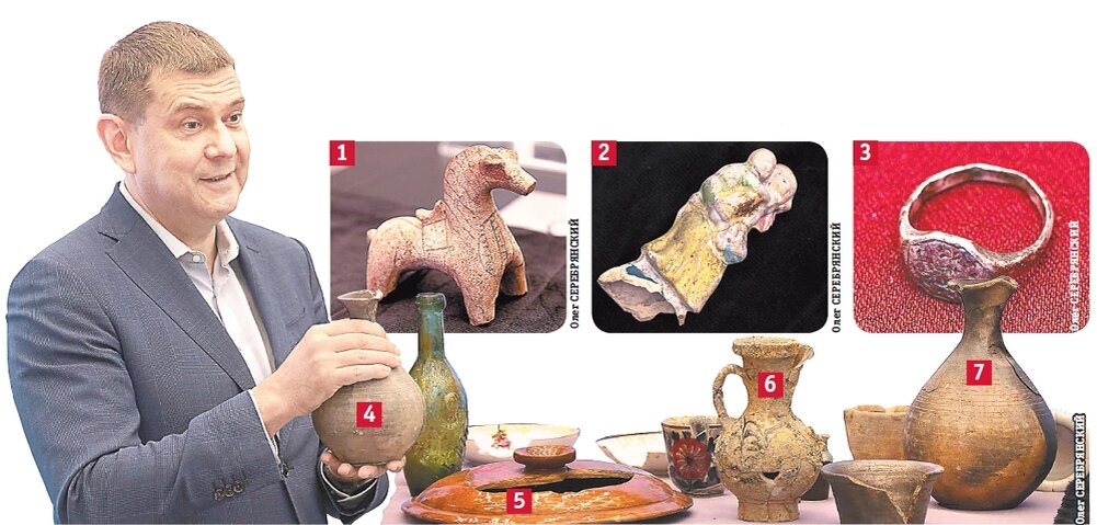   Алексей Емельянов показал самые любопытные артефакты 2024 года. Среди них — детские игрушки XVI (1) и XIX (2) веков, колечко из цветного металла с гербовым щитком XVIII века (3), глиняная посуда (4-7). Коллаж АиФ/ Фото: Олег Серебрянский
