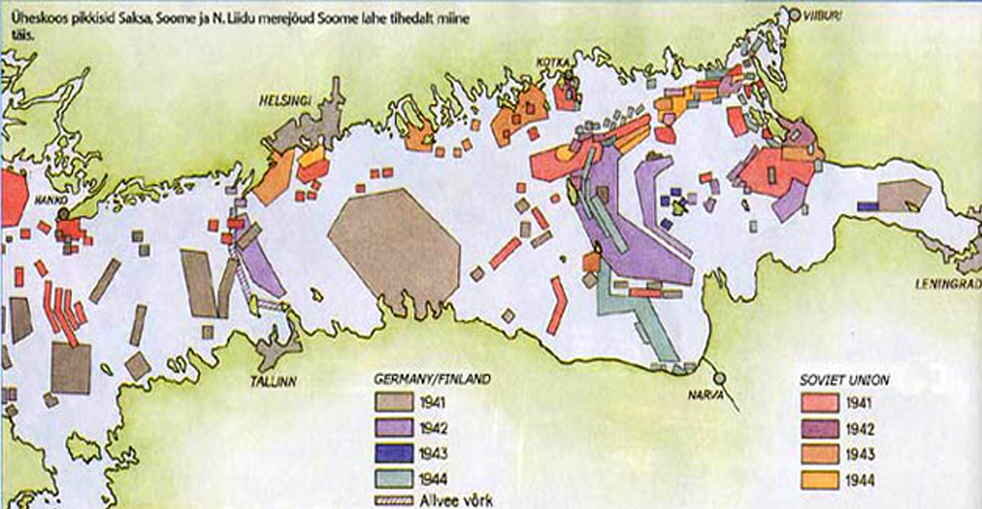 Карта минных постановок обеих сторон с 1941 по 1944 гг.