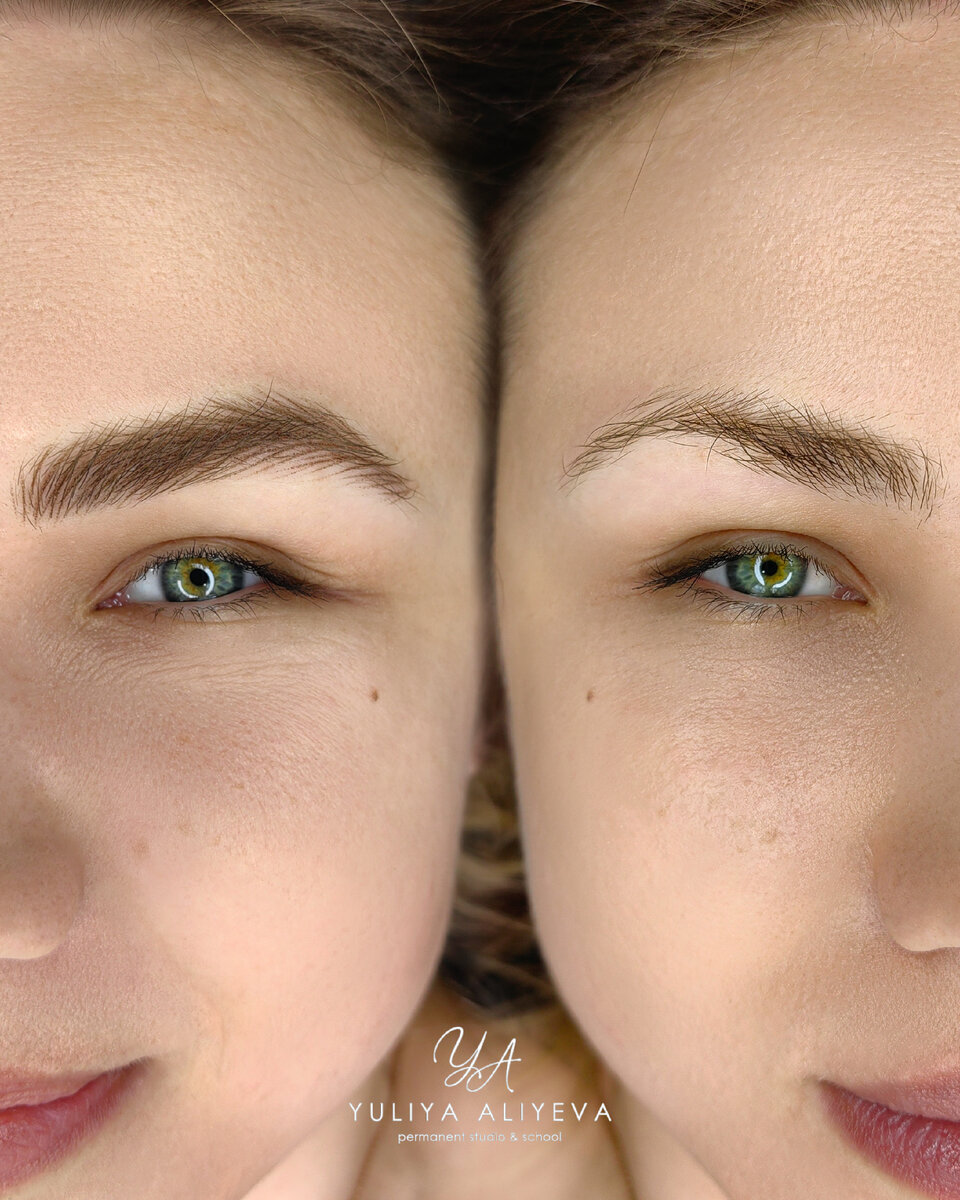 На фото – перманентный макияж бровей в технике Realistic hairs, фото до и результат сразу после процедуры