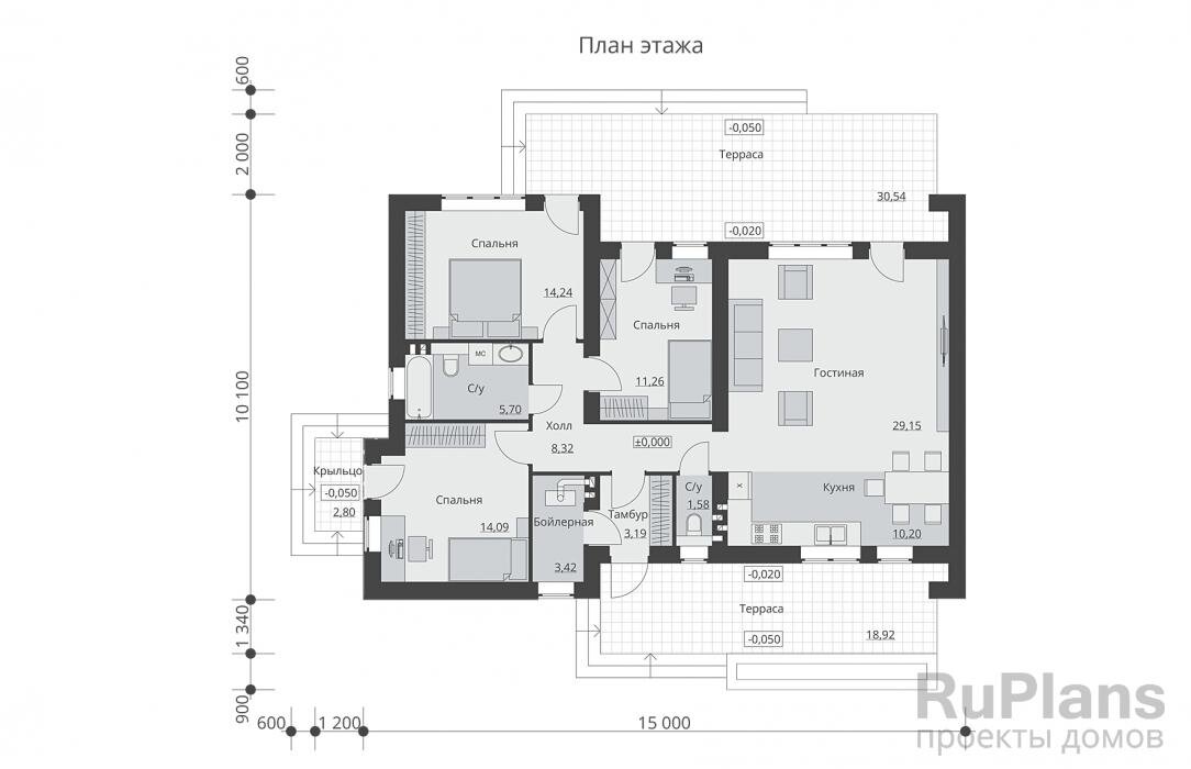 Тамбур - 3,19 м2Бойлерная - 3,42 м2Спальня - 14,09 м2С/у - 5,70 м2Спальня - 14,24 м2Холл - 8,32 м2Спальня - 11,26 м2Гостиная - 29,15 м2Кухня - 10,20 м2С/у - 1,58 м2