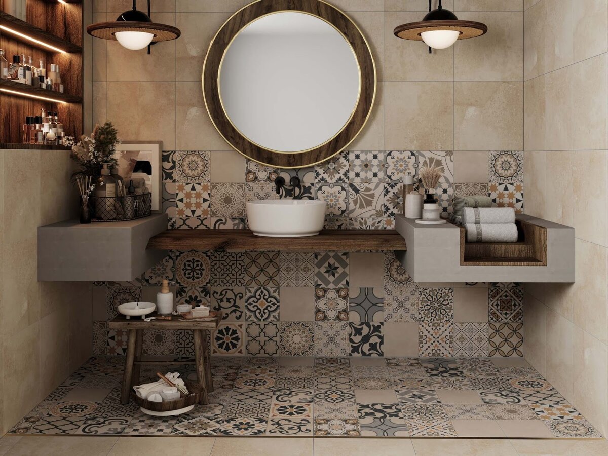 Плитка с узором пэчворк в оформлении ванной комнаты. Коллекция Jam от ™ Estima City