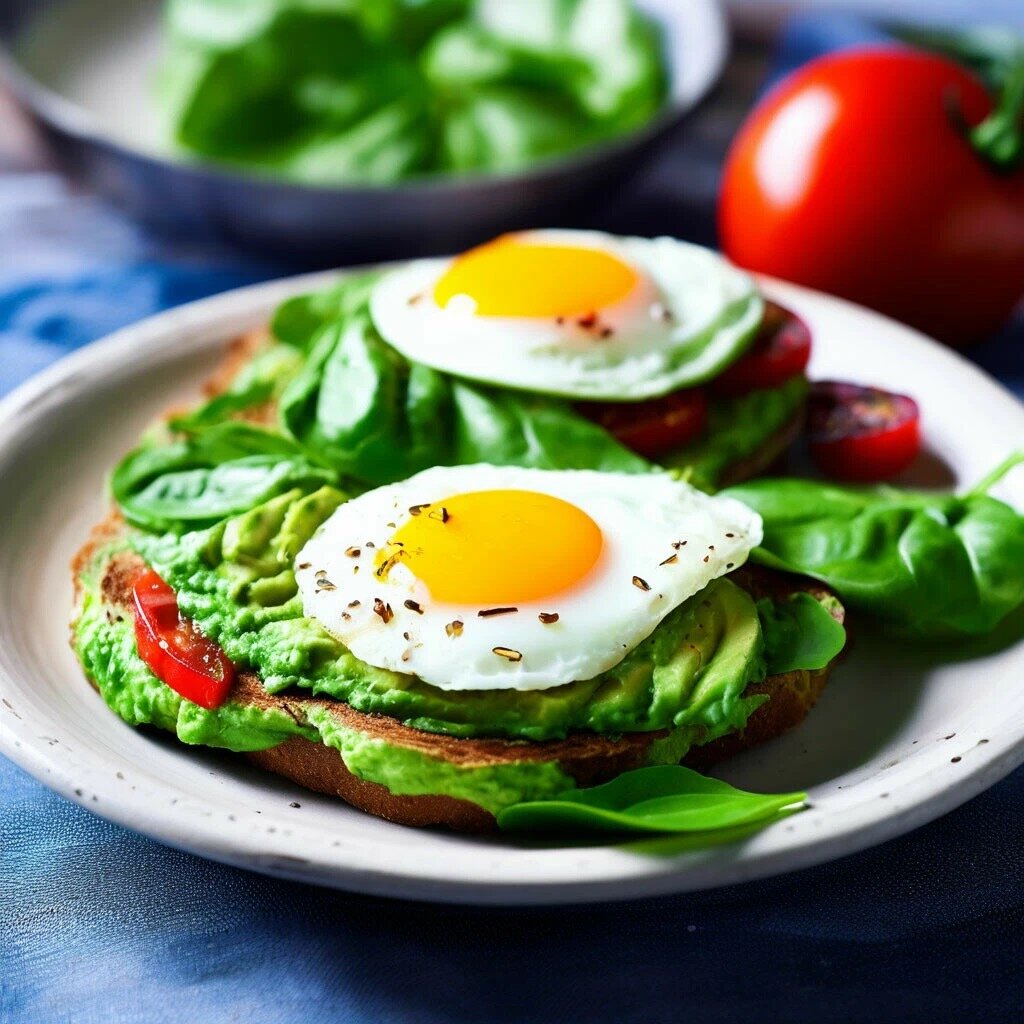 Сэндвич с авокадо, яйцом и томатом, листьями шпината