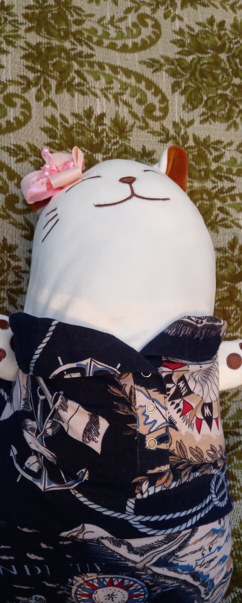 А из той части футболки, на которой были кнопки, получилось отличное платье для моей любимой мягкой кошки. Так что футболка пригодилась дважды. Кошку зовут Котямба. Имя кошка получила потому, что она очень большая.