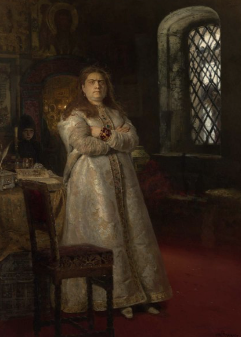 Илья Репин, «Царевна Софья Алексеевна через год после заключения её в Новодевичьем монастыре, во время казни стрельцов и пытки всей её прислуги в 1698 году», 1879 © ГТГ