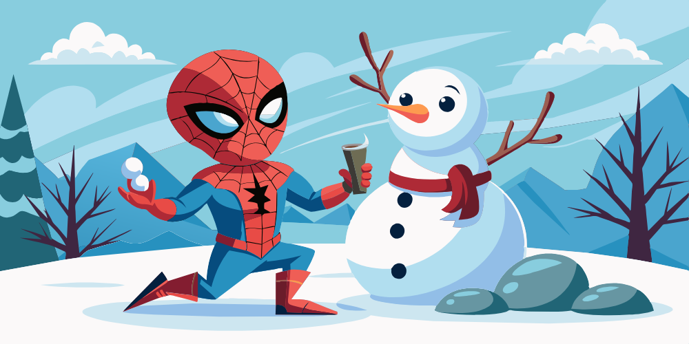 Человек паук лепит снеговика