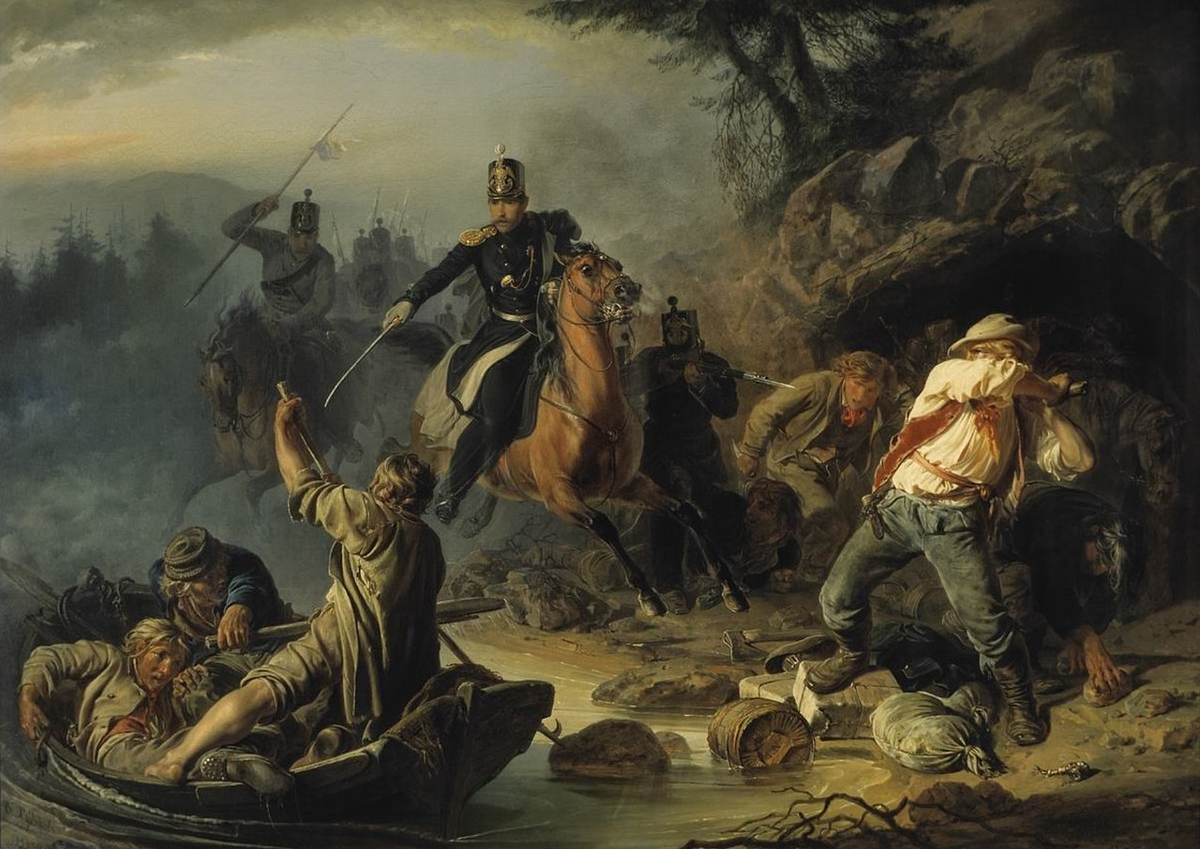В.Г. Худяков. Стычка с финляндскими контрабандистами. 1853 г. Холст, масло. 95,6 × 133,6 см
