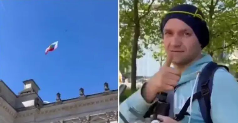 Иван Т., активист из Украины, запускает дрон с российским флагом над Берлином