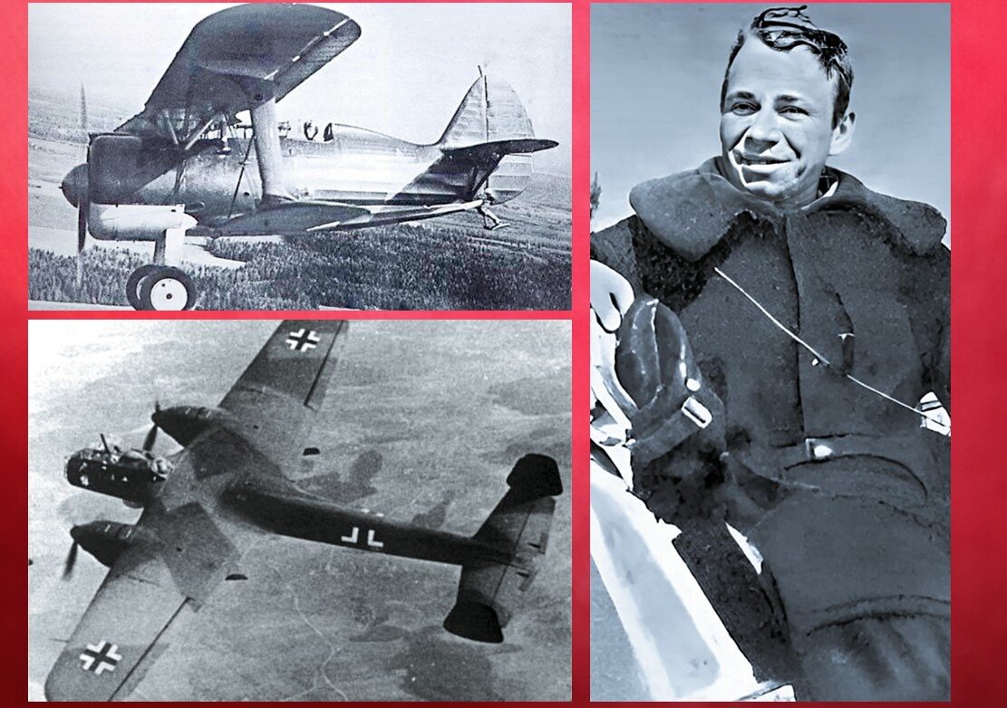 Истребитель-полутораплан И-15 бис и немецкий бомбардировщик Do-215.