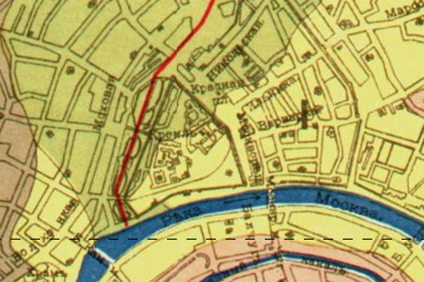 Красная линия - это коллектор Неглинной на плане канализации Москвы 1912 года. С сайта www.pastvu.com.
