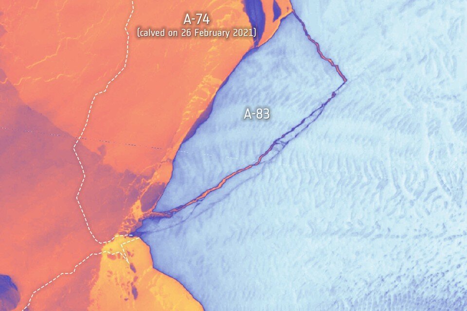    Отделение айсберга А-83 стало третьим значительным отколом айсберга в этом регионе за последние четыре года. Фото: ESA