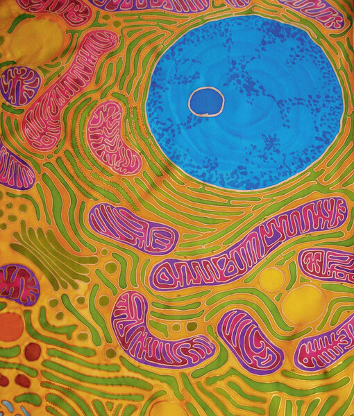 Художественное изображение внутренней среды человеческой клетки. Вытянутые розово-фиолетовые образования — митохондрии