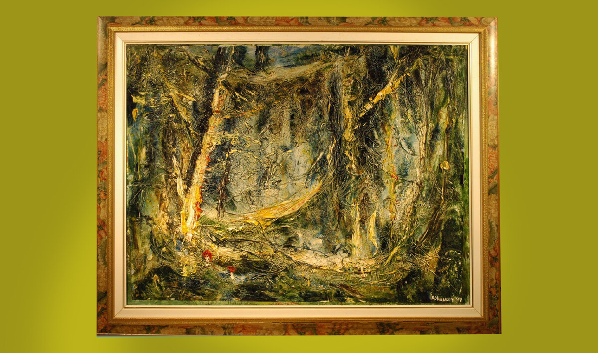 Взяла оторопь.. "Ну как же", кричу: "А трава? А листья, ну вот же, газон?"
"Нет" - ответствуют адепты искусства - это тебе лишь кажется.
Кажется! 
Зеленый - смесь желтого и синего. А зеленого - не существует.

Я был в диком потрясении, и тут-же  написал целую серию работ, которую так и назвал "Зелёная серия". Писал нарочито разным зеленым цветом, не смешивая, прямо из тюбиков. Первый раз, кстати, узнал что есть "виридоновая зелёная" краска...
Писал с упоением и с каким-то диким желанием, «Почему нельзя же?»
Устроил свою Первую персональную выставку
