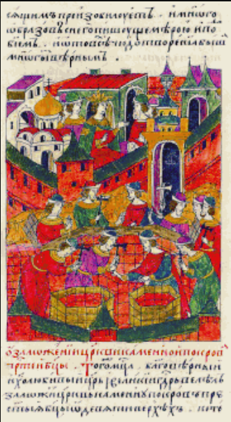 Строительство собора. Миниатюра Лицевого летописного свода XVI века