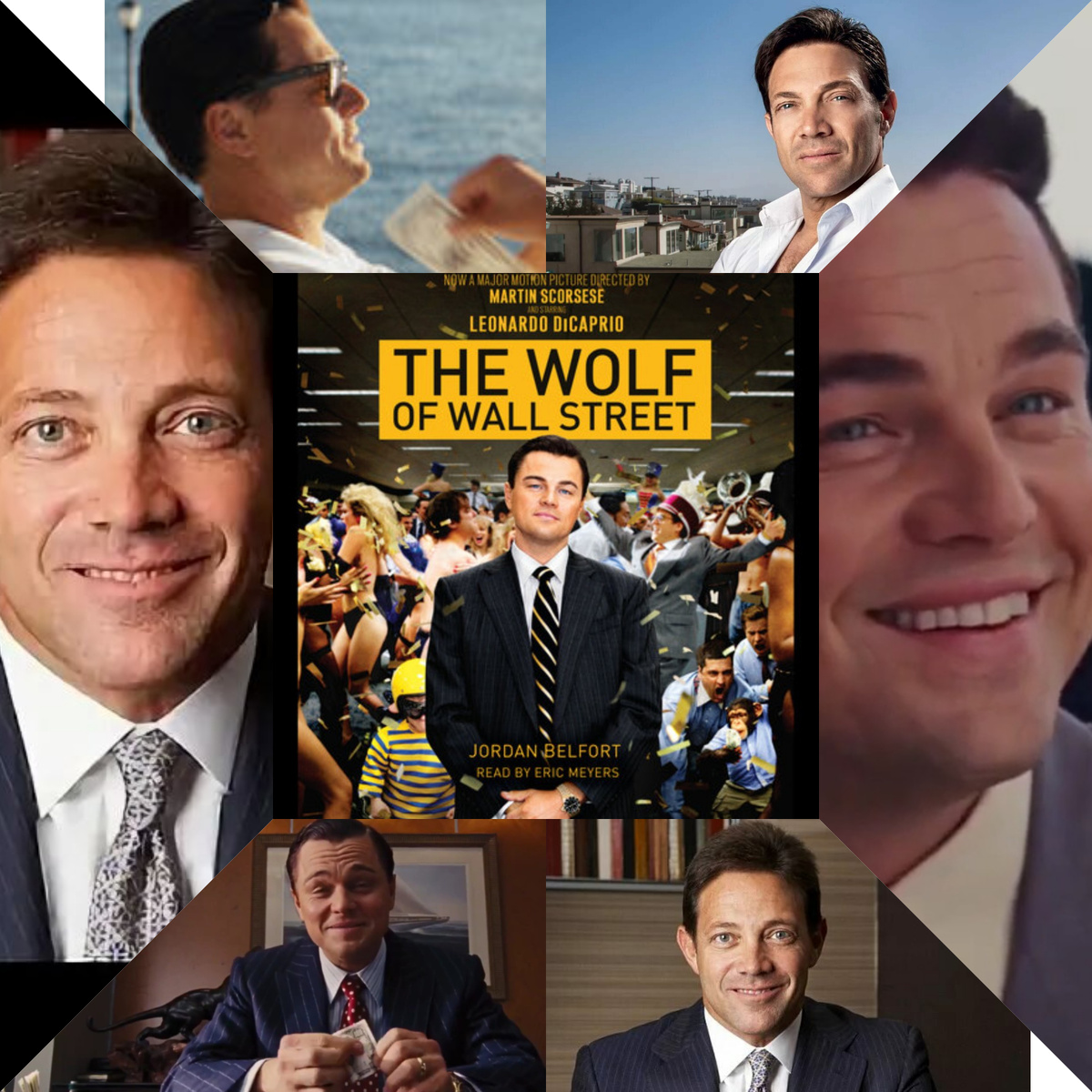Джордан Белфорт киношный и настоящий. Коллаж автора из фото в свободном доступе 