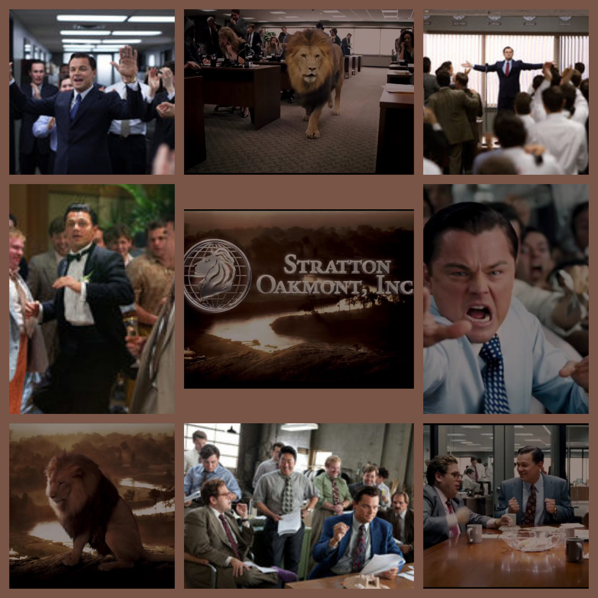 Фирма Джордана Белфорта "Страттон Окмен" ("Stratton Oakmont, Inc."), коллаж автора из скриншотов кадров из фильма "Волк с Уолл-стрит" (2013) 