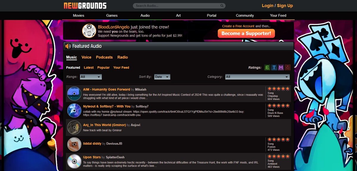 Раздел Audio  на сайте newgrounds.com