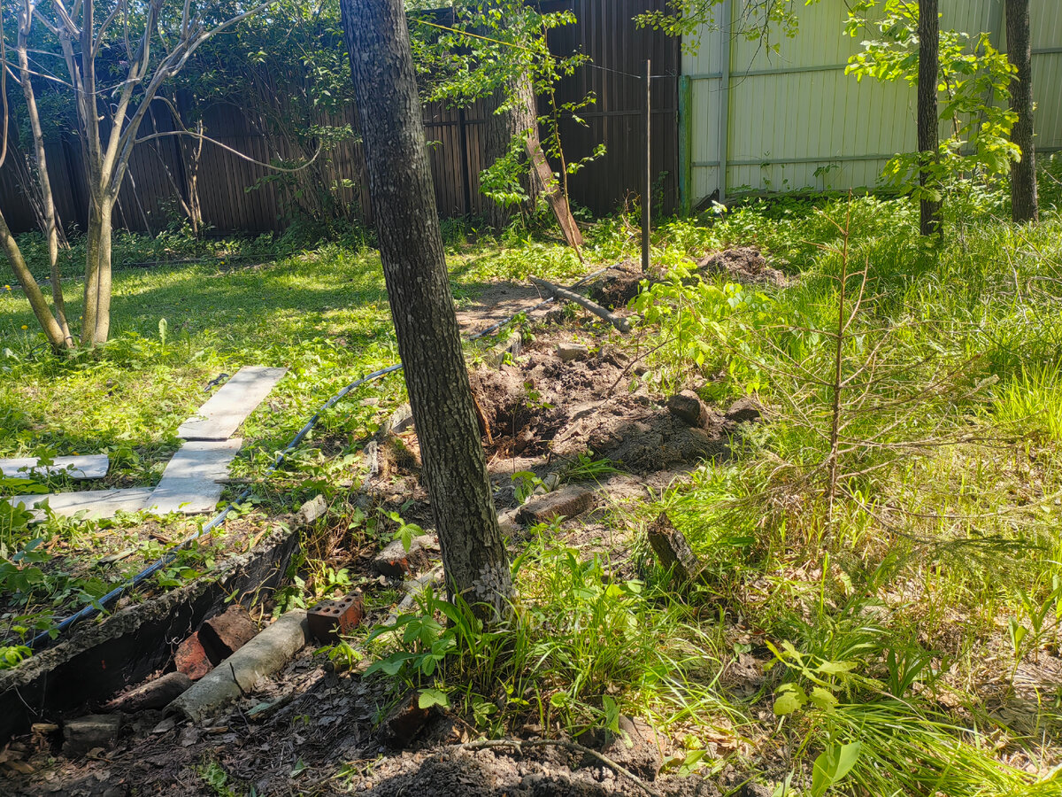 Слева - их участок (коричневый забор спереди), справа - наш (серый). Между участками забор исчез...