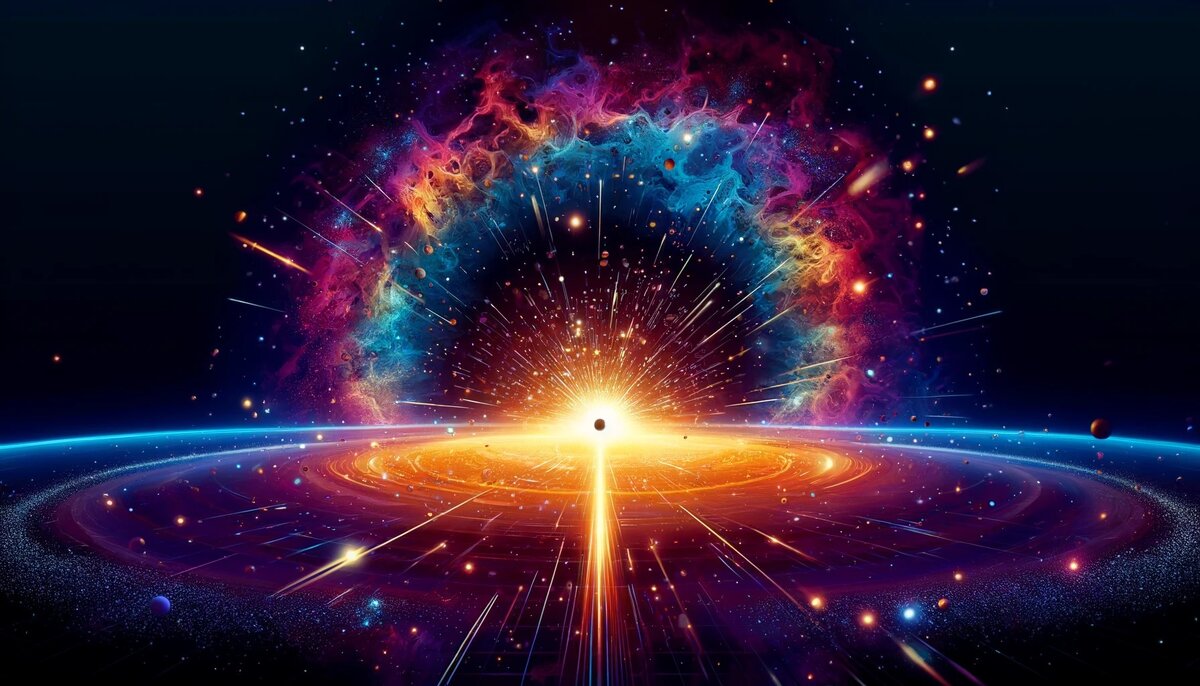 İşte Büyük Patlama ve erken Evren'in, sinir ağı tarafından yapılan bir görüntüsü. Burada tekilliği, ardından gelen hızlı genişlemeyi, madde ve enerjinin oluşumunu ve ardından galaksilerin ve yıldızların kademeli olarak oluşumunu tasvir etme girişimi gösterilmiştir.