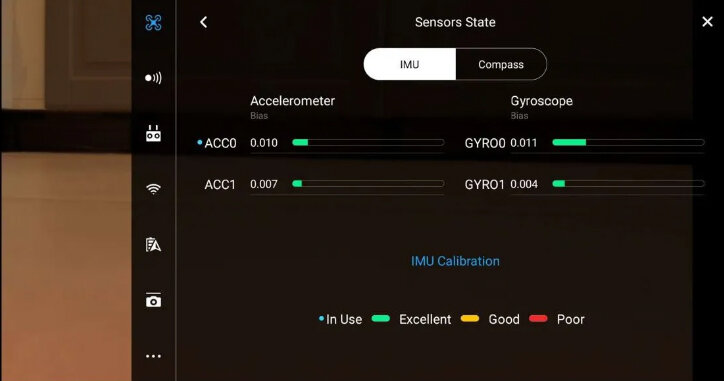 Экран с параметрами IMU нормально работающего коптера Mavic Air находящегося в неподвижности