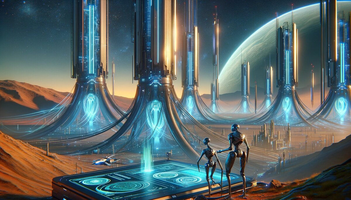 Ландшафт с высокими стеклянными башнями, тянущимися к небу на инопланетной планете.