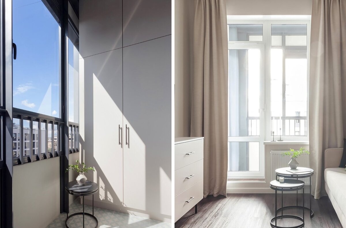 На фото интерьер лоджии в квартире 31 кв.м, ЖК «Панорама парк Сосновка». Дизайнер: Екатерина Шейн; фотограф: Анна Скударь