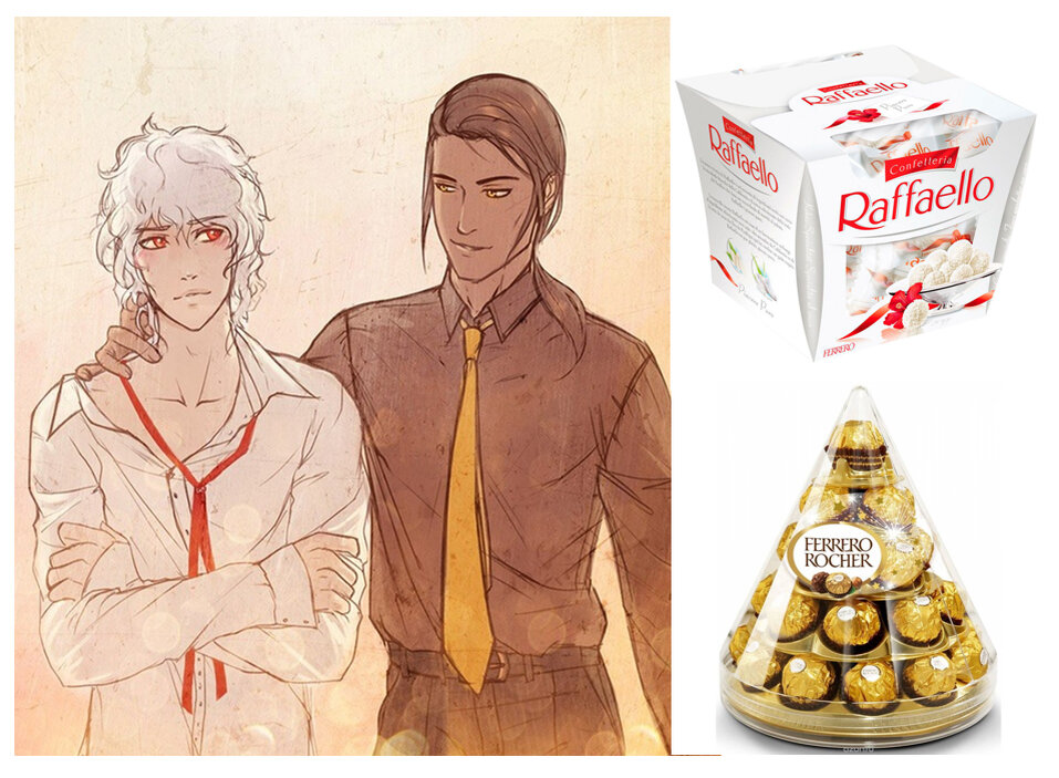 Рафаэлло и Фереро Роше. Оказывается, их не только хуманизируют, но ещё и шипперят. Кто бы мог подумать...