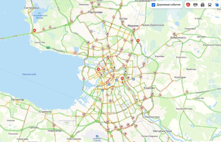    Обстановка на дорогах в Петербурге перед последними майскими выходными, 2024 год Автор фото: "Яндекс.Пробки"