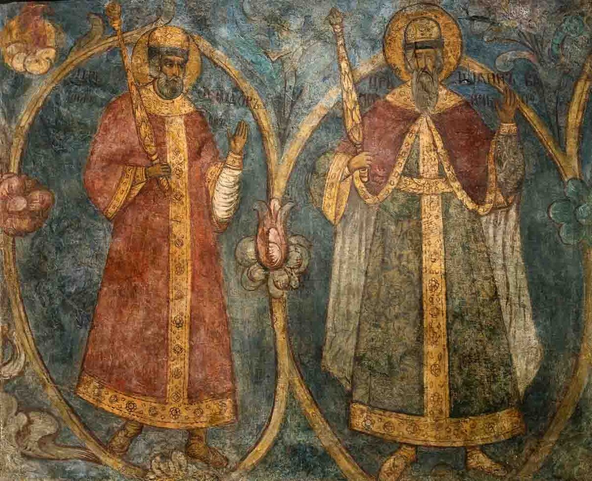 Цари Феодор Иоаннович и Иоанн Васильевич Грозный. Фрагмент фрески "Древо государей Российских" свода южной галереи собора Новоспасского монастыря. Москва. 1689 год. ГИМ