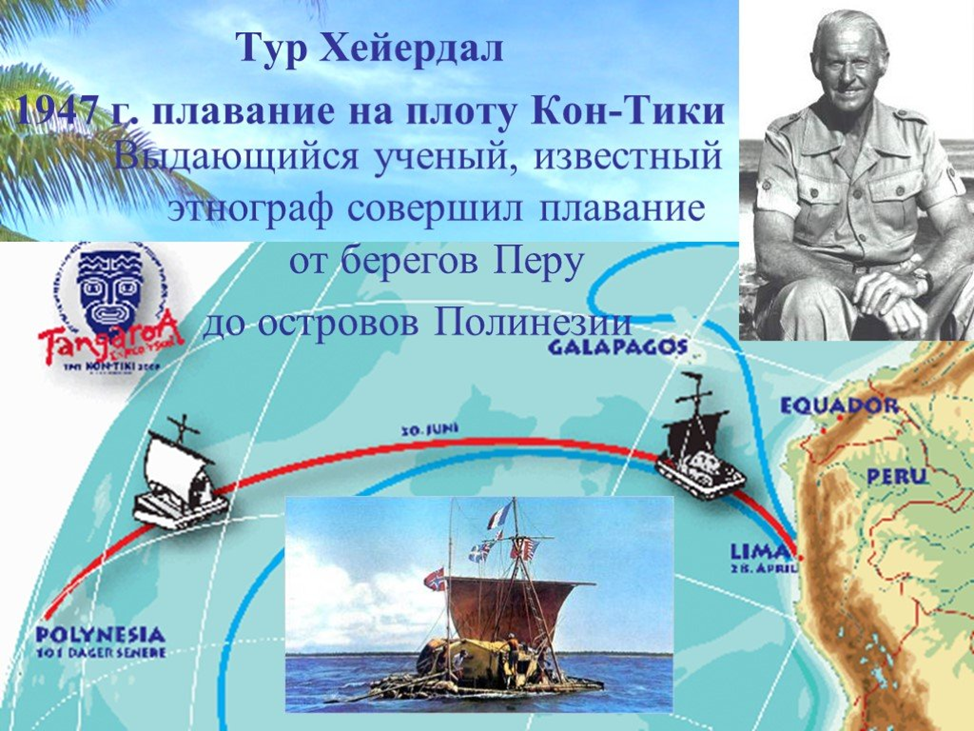 Рис.2 Маршрут экспедиции Тура Хейердала на бальсовом плоту Кон-Тики подтвердил реальность мифологии жителей Полинезии о прибытии первых людей на острова на лодках с востока.
