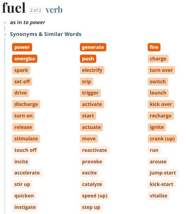 Синонимы к глаголу "to fuel" (Источник: Merriam-Webster Thesaurus)