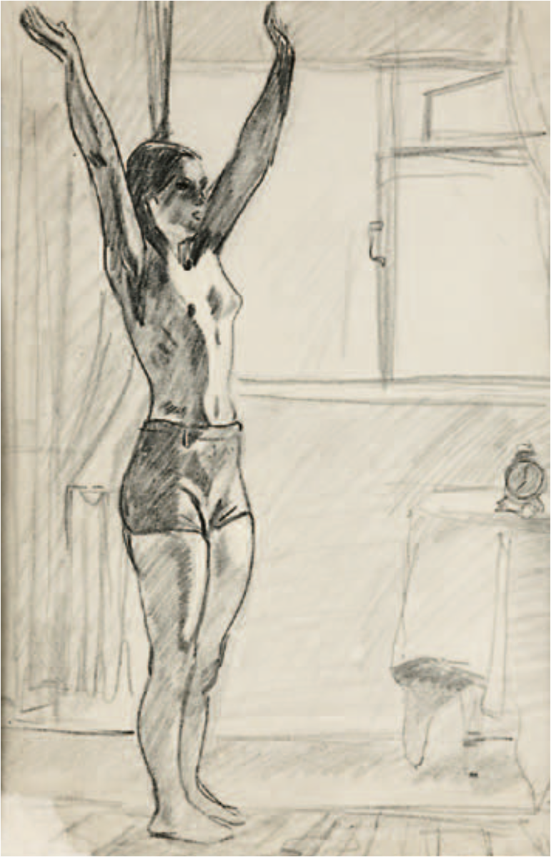 Утро. Набросок для мозаики. 1947. Бумага, чёрный карандаш. 42,2×28,8 см.
ККГ. Инв. 1734.