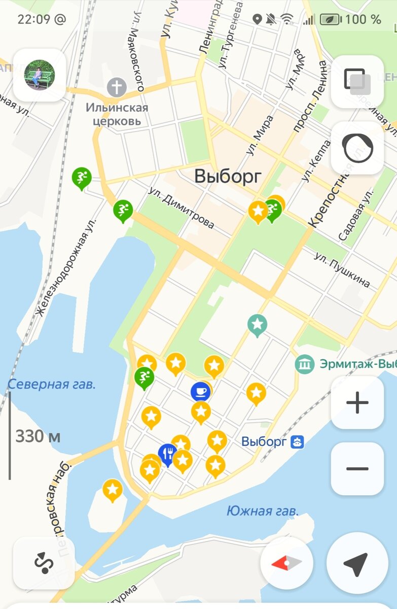 Звёздочки - интересные места, зелёные человечки - туалеты 