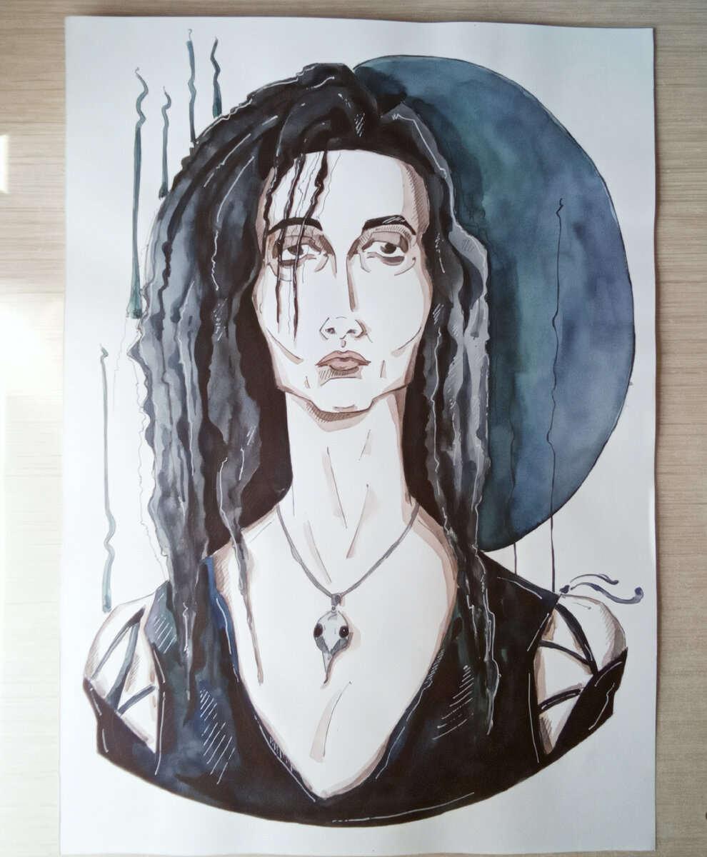 Хелена Бонем Картер в образе Беллатрисы Лестрейндж из серии фильмов о Гарри Поттере. Авторская иллюстрация

