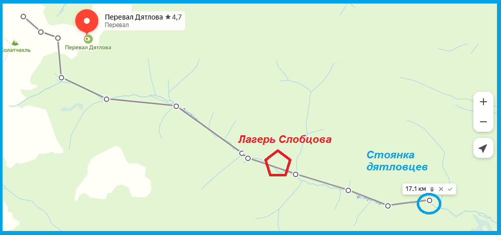 Фото 1.  Место стоянки дятловцев и "лагеря Слобцова" по показаниям Пашина и Чеглаков (в 17-20 км от палатки на склоне Холатчахля) и Брусницына. 