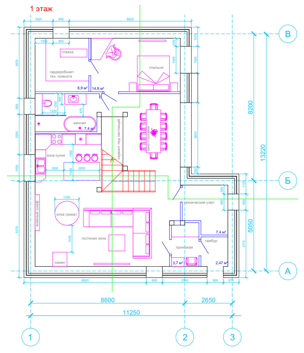 И таким вышел первый этаж - открытая комната с зонированием, куда добавили технические помещения и спальни